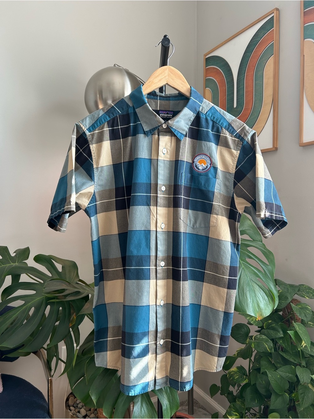 Patagonia Teal and Cream Plaid Short-Sleeve Button-Down Shirt